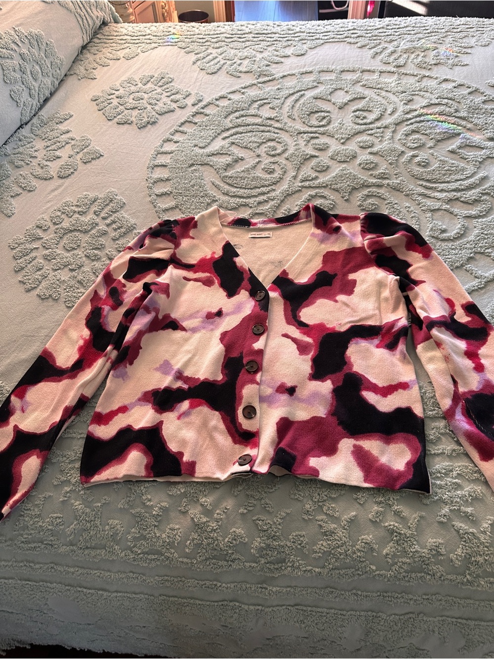 Nine West Pink, Black & White Abstract V-Neck Button Cardigan